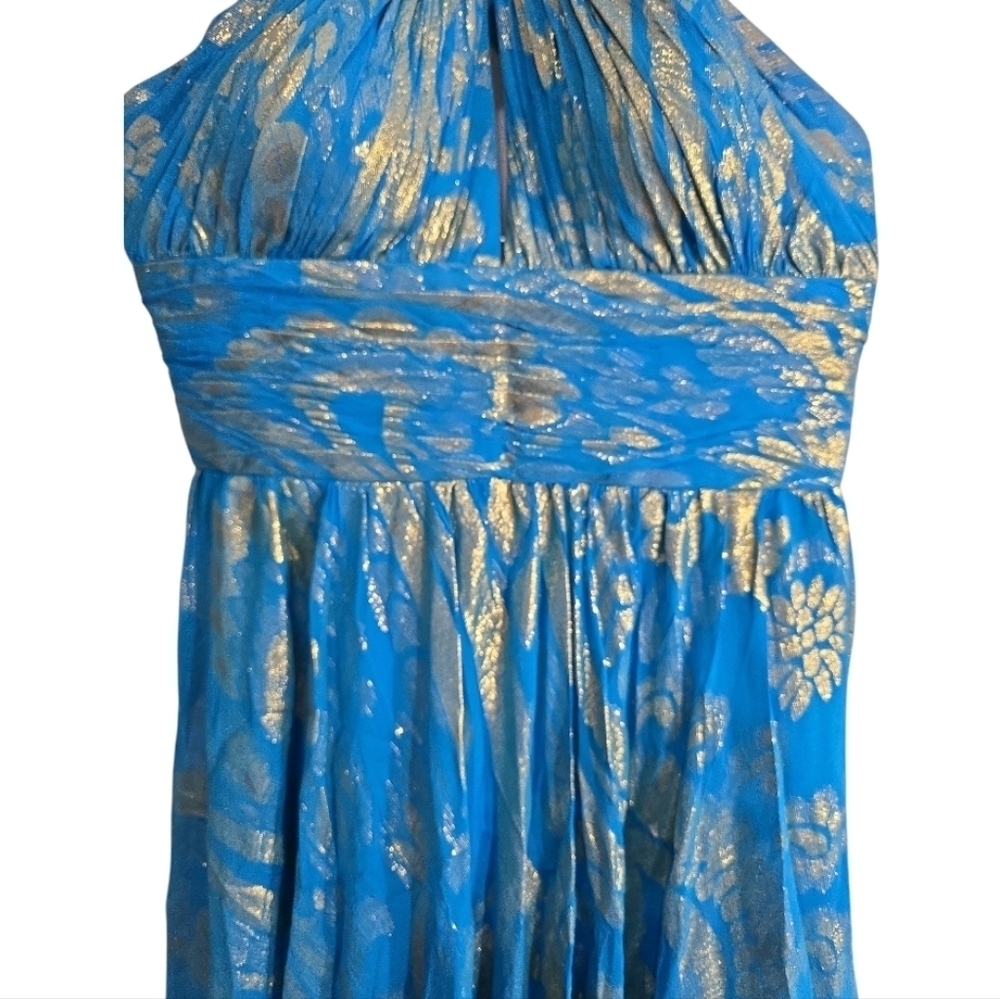 Aidan Mattox Foil Halter Neck Maxi Gown 6 Silk Metallic Blue With Gold Foil - Picture 3 of 8